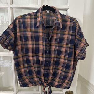Madewell Shirt Women's Small Cropped Plaid Short Sleeve Button Up Tie Front